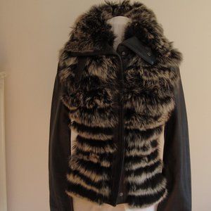 BCBGMAXAZRIA Black Fox Fur & Leather Jacket-Size XS